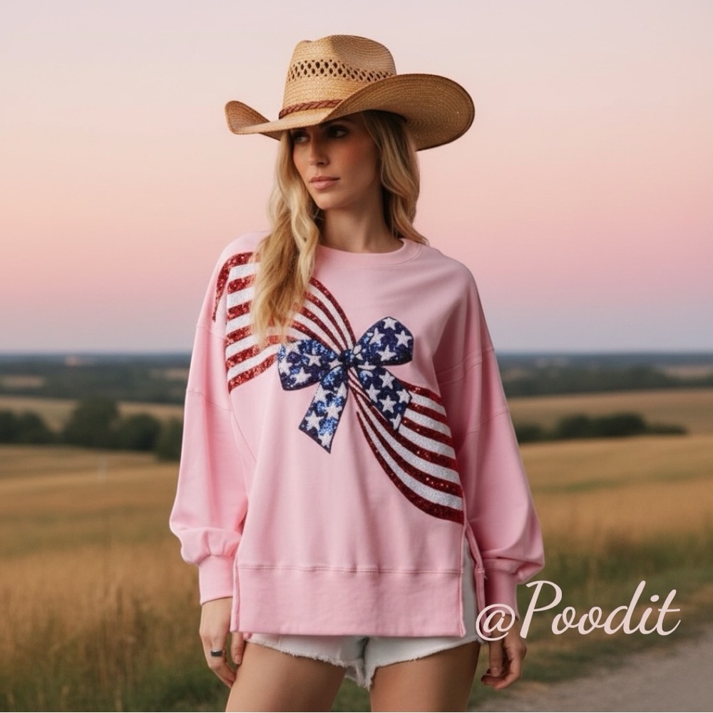 PEACH LOVE CALIFORNIA patriotic sequin front pink French Terry pullover S M L